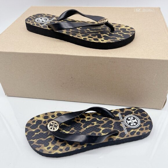 Tory Burch Eva Sole Flip Flops Black Leopard Print Logo Thong Sandal Womens US 5 - Picture 2 of 12